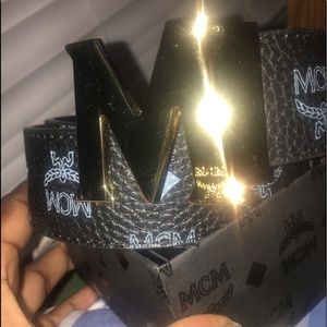 Mens Black MCM Belt With Gold Buckle